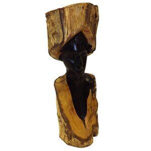 Hand Carved Wood Bust Kenya Sculpture Natural Bark VTG Tribal Inspired 11" Tall